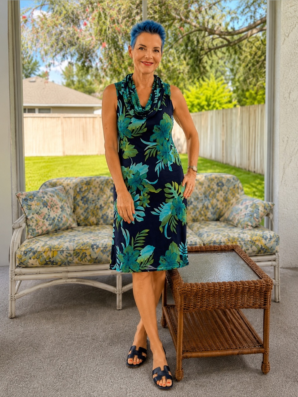 Vintage Expressions Navy Tropical Floral Sleeveless Cowl Neck Dress Stretch Sz 8